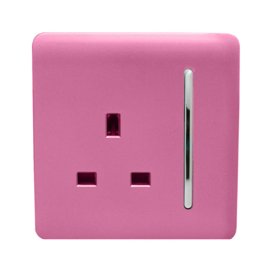 Trendi 1 Gang Raised Artistic Modern Glossy Screwless 13 Amp Single Pole with Chrome Switched UK Standard Electrical Double Wall Plug Socket in Candy Pink in ART-SKT13PK