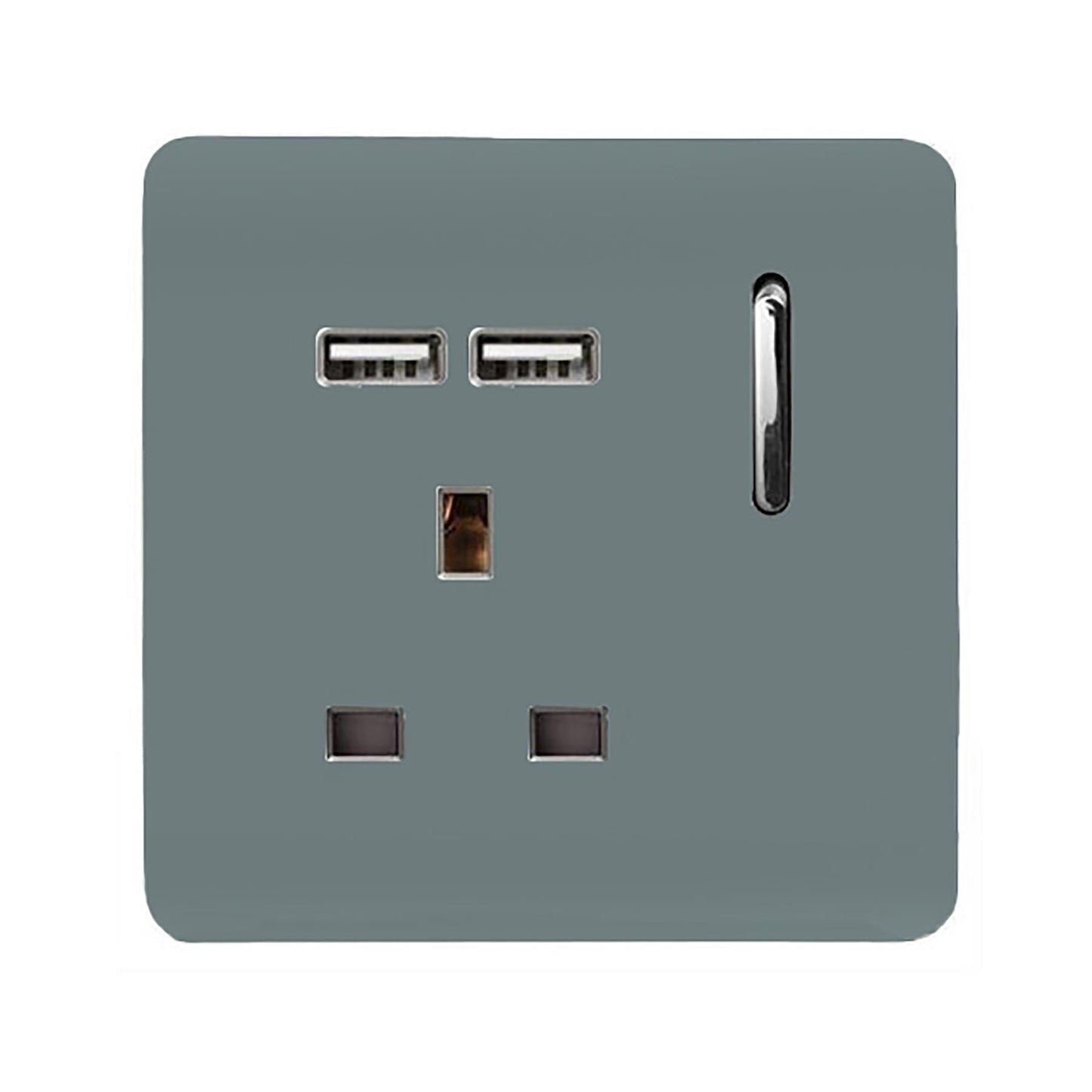 Trendi 1 Gang Single Switched Screwless Artistic Modern Glossy 13 Amp 2x Type A 2.1A USB Charging Port 13A Wall Outlet Plug Socket in Cool Grey - ART-SKT13USBCG