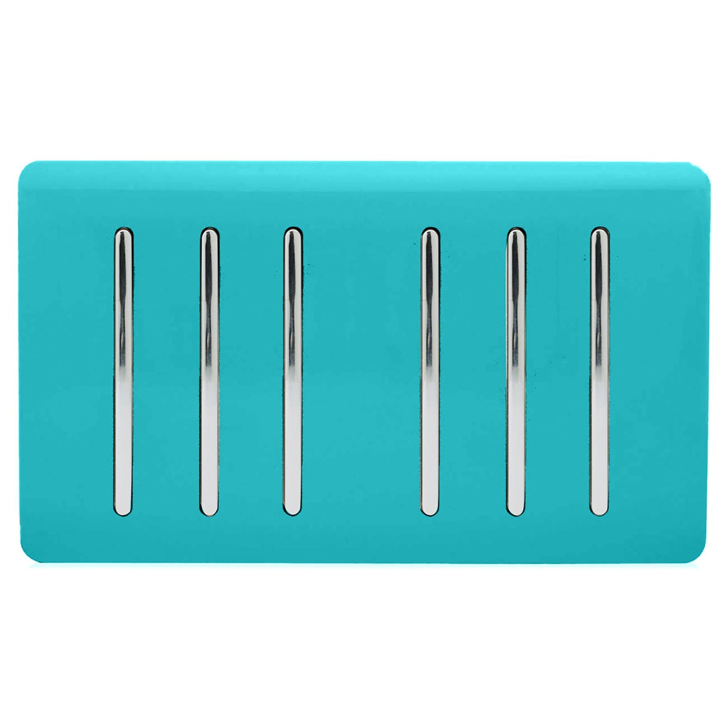 Trendi 6 Gang 2 way 240V Screwless Raised Front Twin Plate Plastic Artistic Modern Glossy 10 Amp Chrome Rocker Quad Electrical Wall Light Switch in Bright Teal - ART-SS66BT
