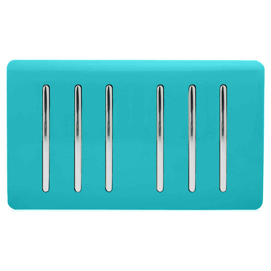Trendi 6 Gang 2 way 240V Screwless Raised Front Twin Plate Plastic Artistic Modern Glossy 10 Amp Chrome Rocker Quad Electrical Wall Light Switch in Bright Teal - ART-SS66BT
