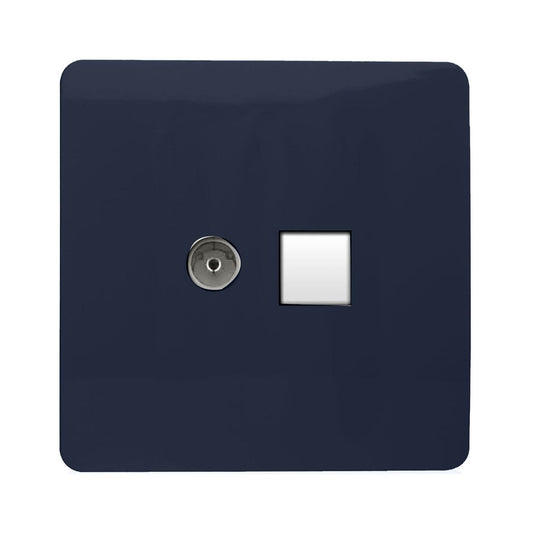 Trendi Switch 2 Gang Female TV Co-Axial & RJ45 Cat 6 Modern Designer PC Ethernet Sockets in Navy