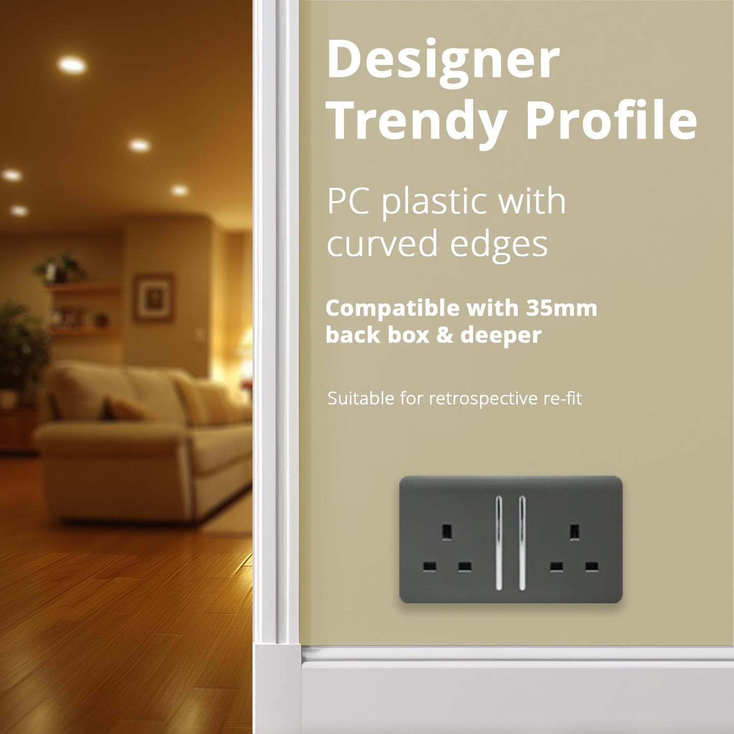 Trendi 2 Gang Artistic Modern Glossy 13 Amp Switched Tactile Plug Socket Charcoal