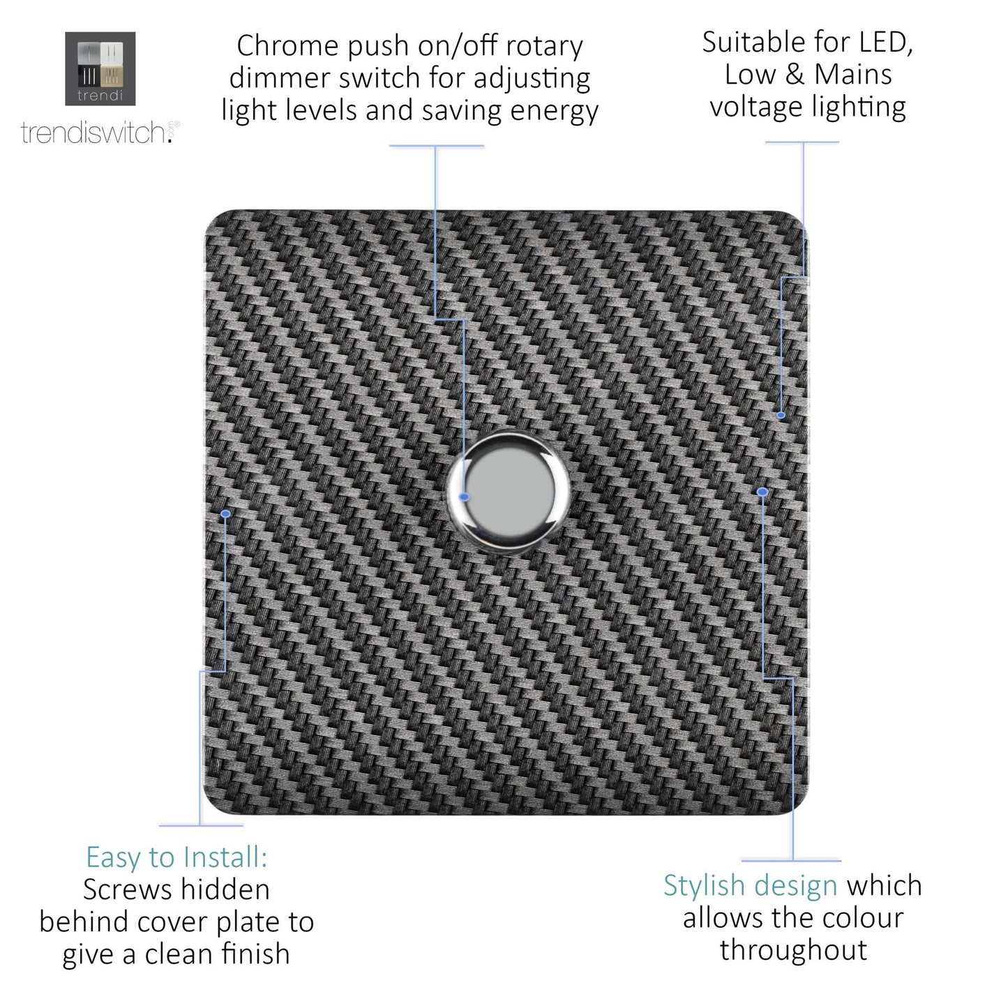Trendi 1 Gang 2 Way 240V 150w LED Dimmer Screwless Raised Front Plate Plastic Artistic Modern Glossy 10 Amp Chrome Single Electrical Wall Light Switch in Carbon Fibre - ART-LDMCF