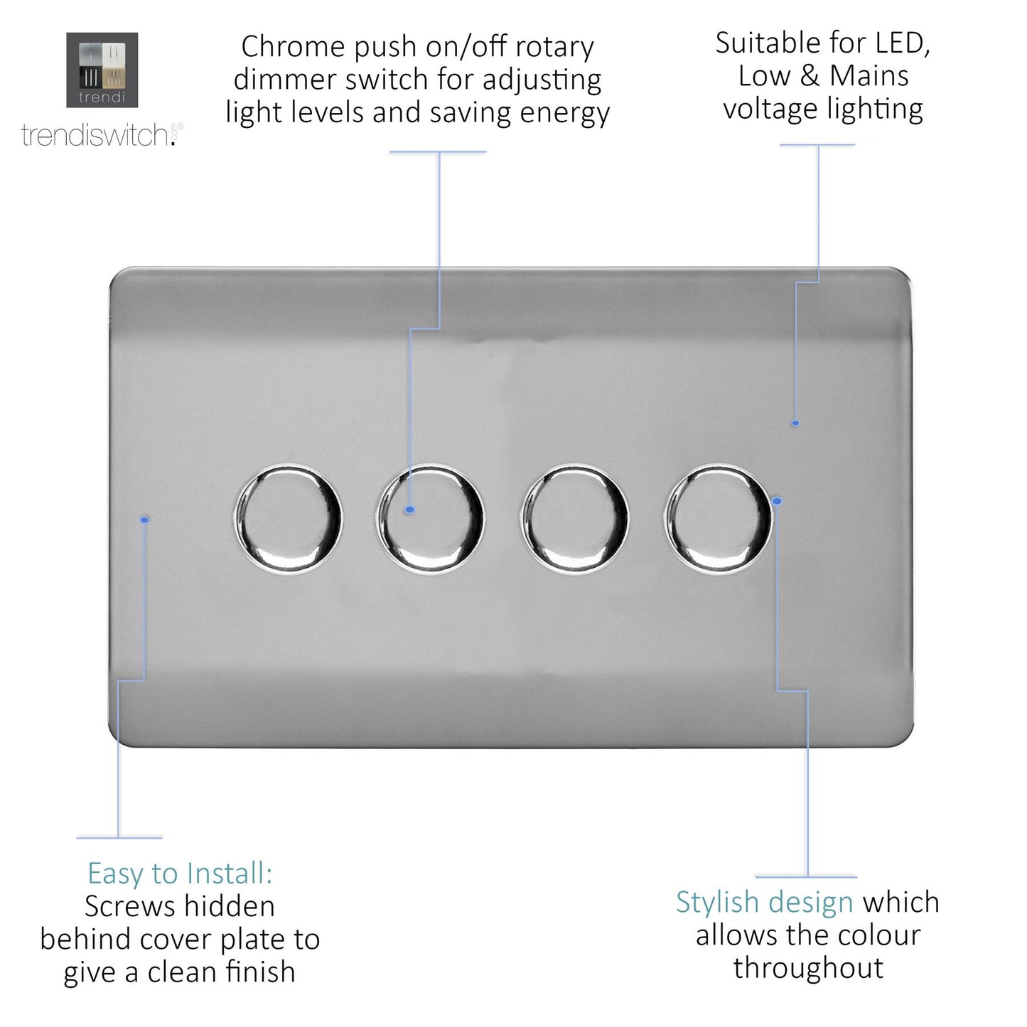 Trendi 4 Gang 2 Way 240V 100w LED Dimmer Screwless Raised Front Plate Plastic Artistic Modern Glossy 10 Amp Chrome Single Electrical Wall Light Switch in Brushed Steel - ART-4LDMBS