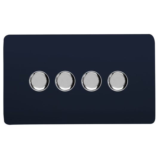Trendi 4 Gang 2 Way 240V 100w LED Dimmer Screwless Raised Front Plate Plastic Artistic Modern Glossy 10 Amp Chrome Single Electrical Wall Light Switch in Navy Blue - ART-4LDMNV