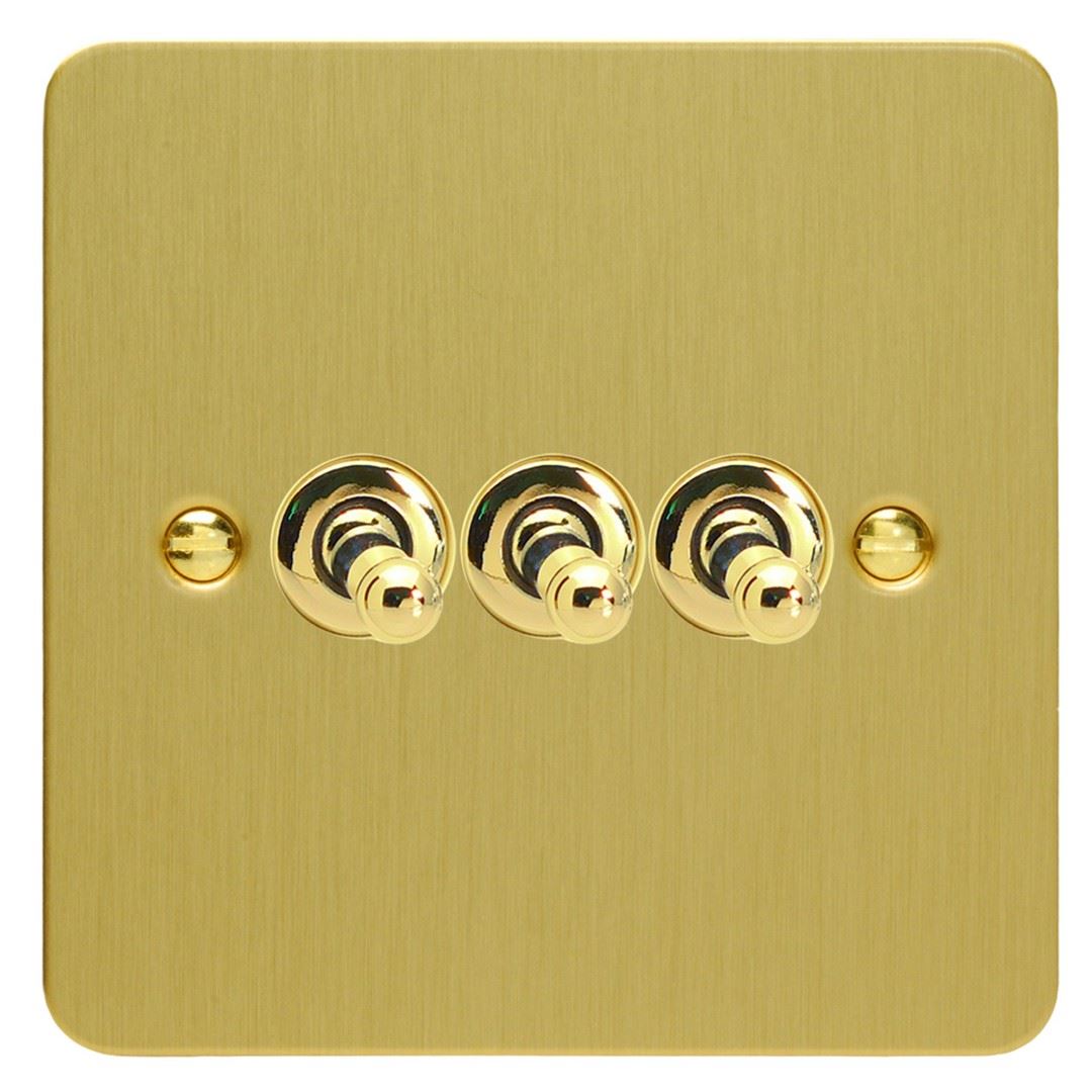 Varilight 3 Gang 10A 1 or 2 Way Dolly Toggle Light Switch Ultra Flat Brushed Brass XFBT3