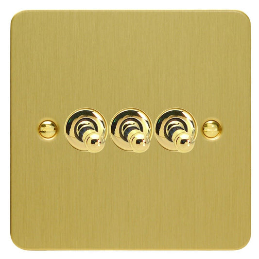 Varilight 3 Gang 10A 1 or 2 Way Dolly Toggle Light Switch Ultra Flat Brushed Brass XFBT3