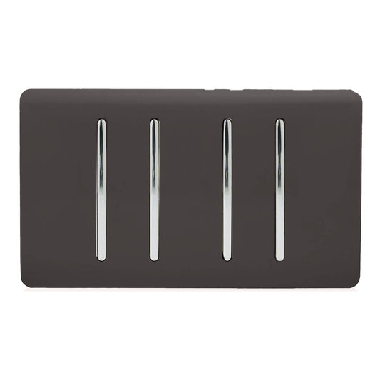 Trendi 4 Gang 2 way 240V Screwless Raised Front Twin Plate Plastic Artistic Modern Glossy 10 Amp Chrome Rocker Quad Electrical Wall Light Switch in Dark Mocha Brown - ART-SS44DB