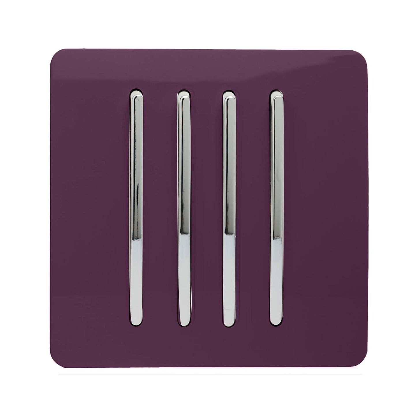 Trendi 4 Gang 2 way 240V Screwless Raised Front Plate Plastic Artistic Modern Glossy 10 Amp Chrome Rocker Quad Electrical Wall Light Switch in Plum Purple