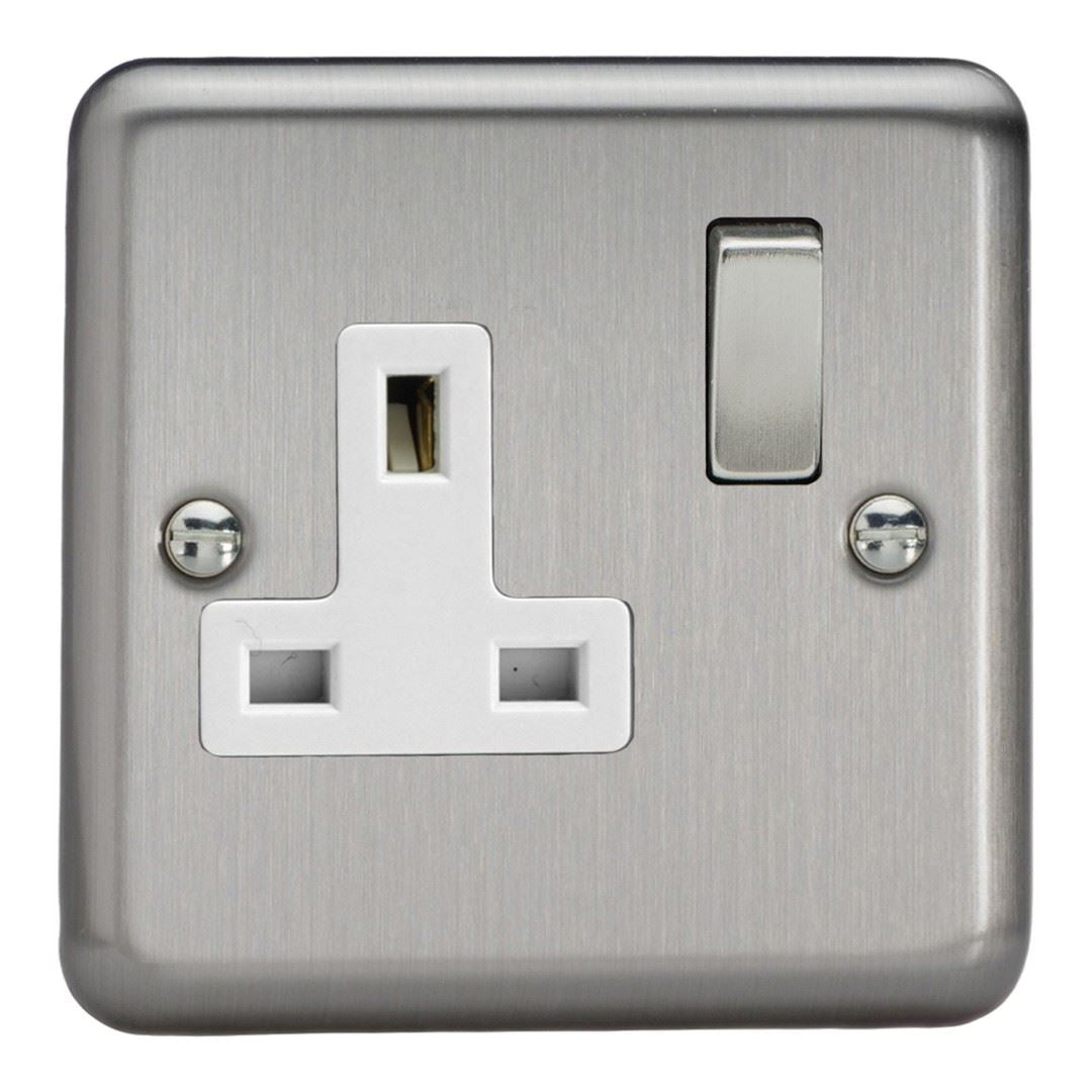Varilight 1 Gang 13 Amp Switched Electrical Plug Socket Brushed Matt Chrome Dec Switch White Insert XS4DW
