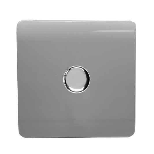 Trendi 1 Gang 2 Way 240V 150w LED Dimmer Screwless Raised Front Plate Plastic Artistic Modern Glossy 10 Amp Chrome Single Electrical Wall Light Switch in Light Grey - ART-LDMLG
