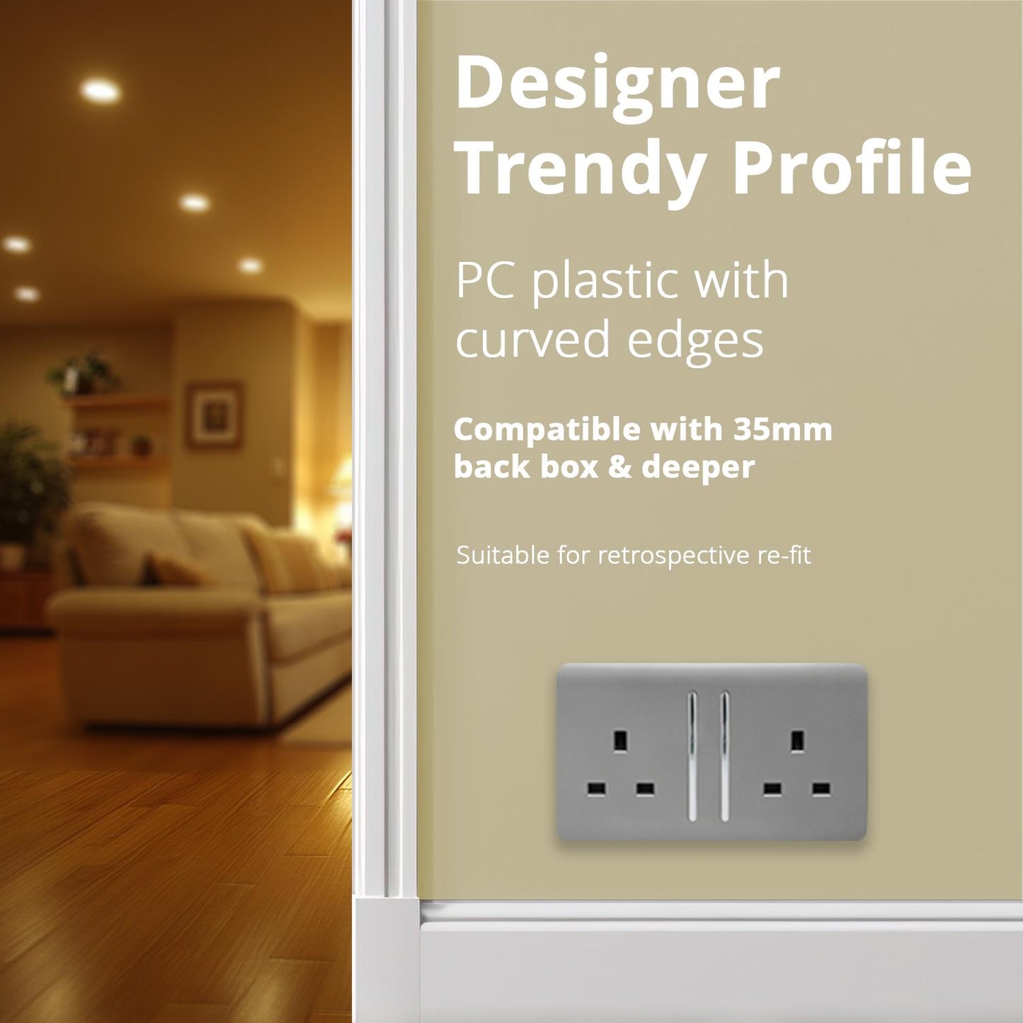 Trendi 2 Gang Artistic Modern Glossy 13 Amp Switched Tactile Plug Socket Cool Grey