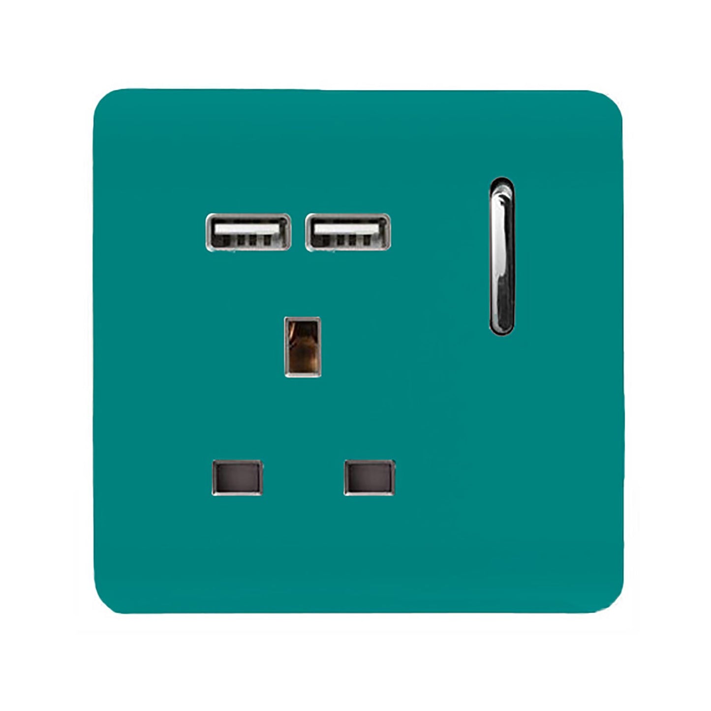 Trendi 1 Gang Single Switched Screwless Artistic Modern Glossy 13 Amp 2x Type A 2.1A USB Charging Port 13A Wall Outlet Plug Socket in Bright Teal - ART-SKT13USBBT
