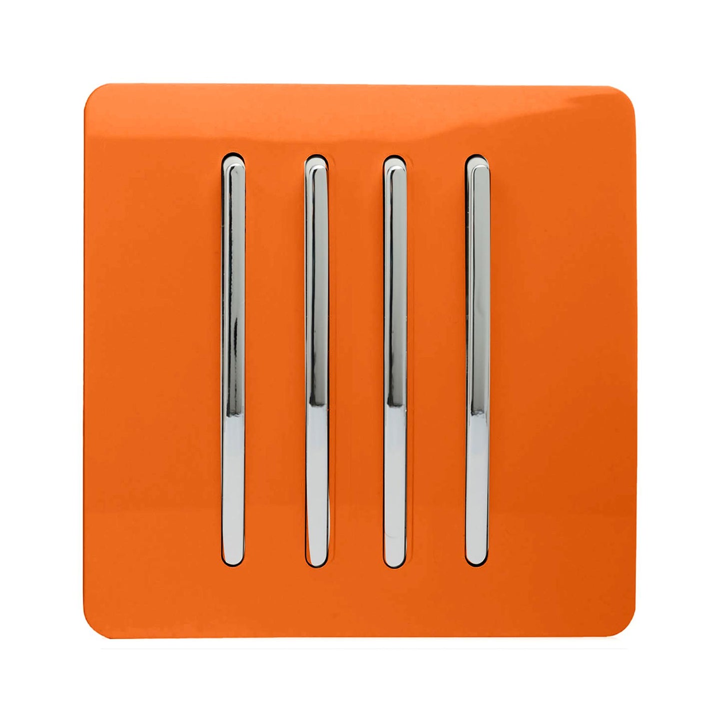Trendi 4 Gang 2 way 240V Screwless Raised Front Plate Plastic Artistic Modern Glossy 10 Amp Chrome Rocker Quad Electrical Wall Light Switch in Sunset Orange