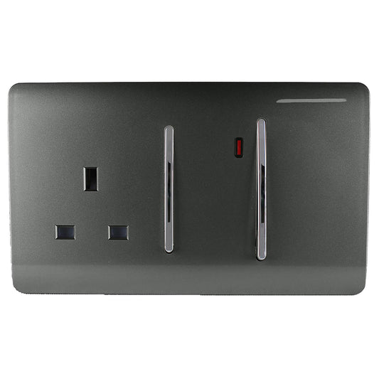 Trendi Switch Screwless Artistic Modern Decorative Glossy 45 A Cooker Switch Control Unit & Single Plug Socket Inc Neon Indicator for Indoor Use in Charcoal Grey