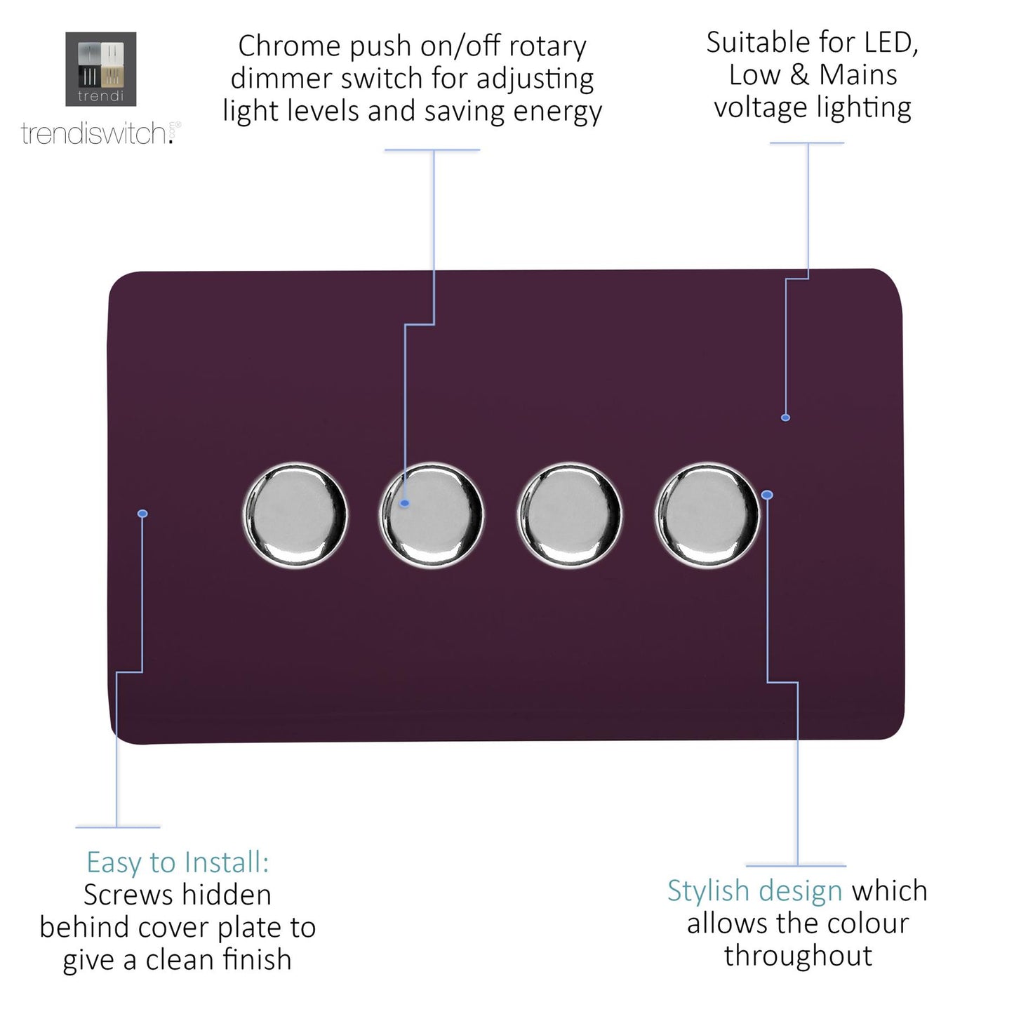 Trendi 4 Gang 2 Way 240V 100w LED Dimmer Screwless Raised Front Plate Plastic Artistic Modern Glossy 10 Amp Chrome Single Electrical Wall Light Switch in Plum Purple - ART-4LDMPL