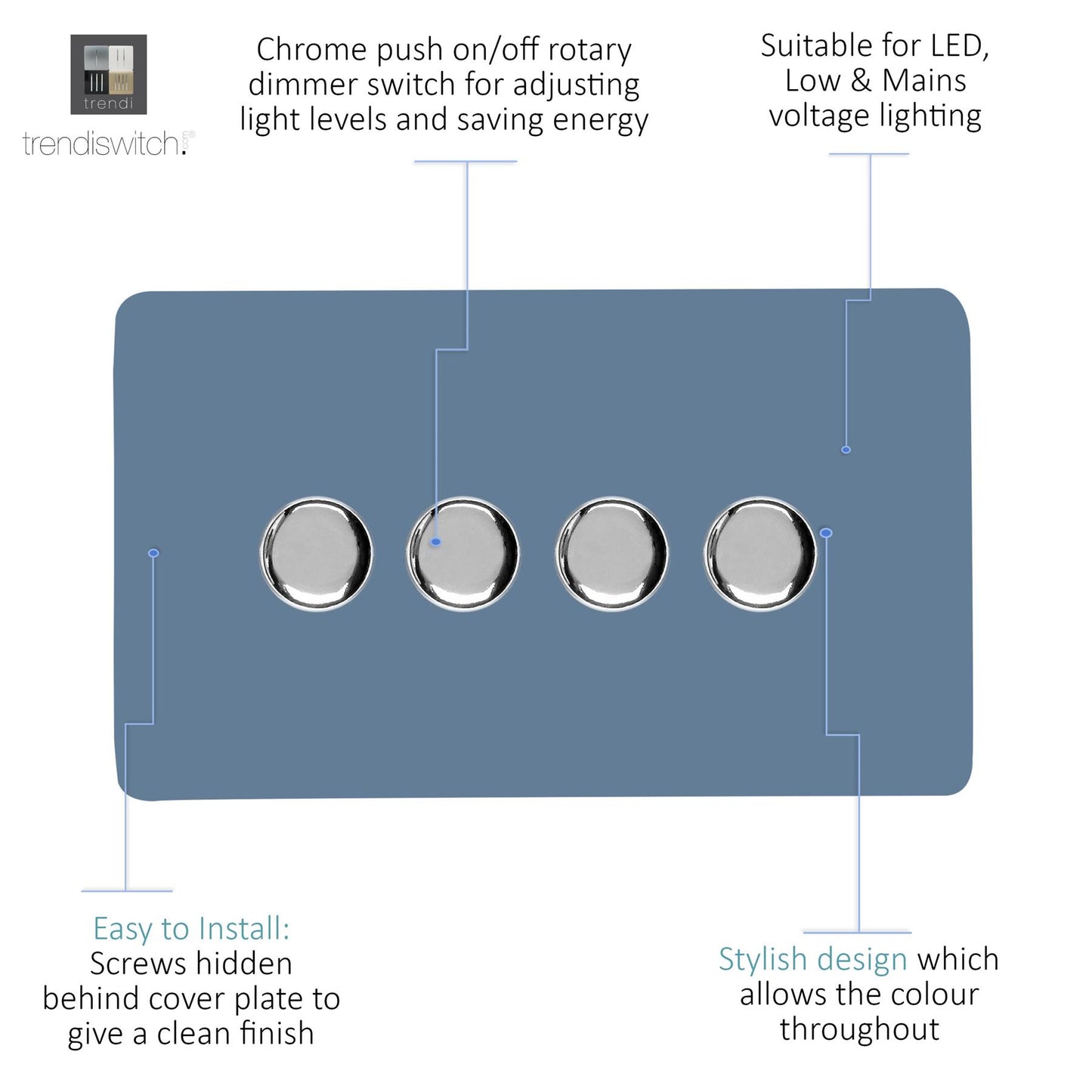 Trendi 4 Gang 2 Way 240V 100w LED Dimmer Screwless Raised Front Plate Plastic Artistic Modern Glossy 10 Amp Chrome Single Electrical Wall Light Switch in Sky Blue - ART-4LDMSK