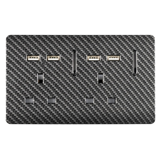 Trendi 2 Gang Artistic Modern Glossy Screwless Raised 13 Amp 240v Short 4 USB Type A Charging Points Double Chrome Switched Electrical Wall Plug Socket in Carbon Fibre
