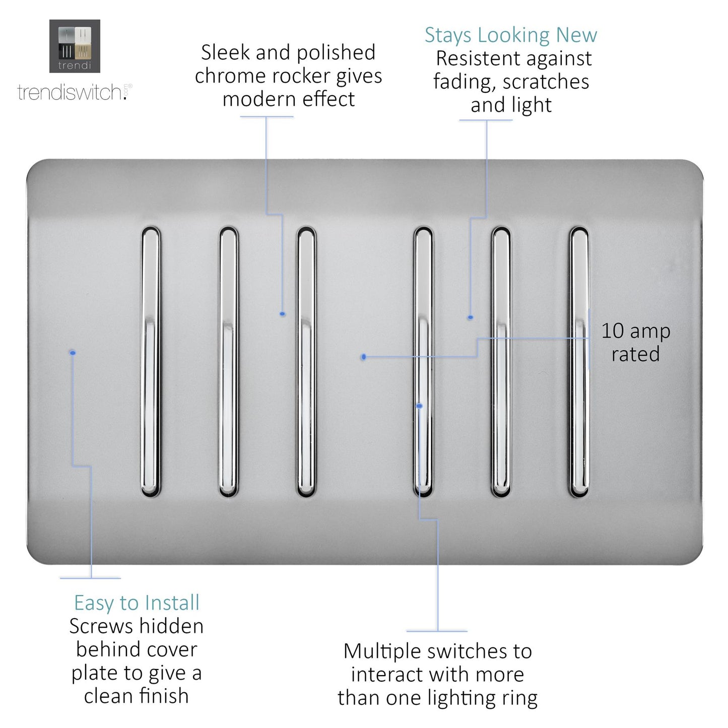 Trendi Artistic Modern Glossy 6 Gang 2 Way Rocker Double Plate Light Switch in Stainless Steel