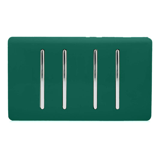 Trendi 4 Gang 2 way 240V Screwless Raised Front Twin Plate Plastic Artistic Modern Glossy 10 Amp Chrome Rocker Quad Electrical Wall Light Switch in Dark Green - ART-SS44DG
