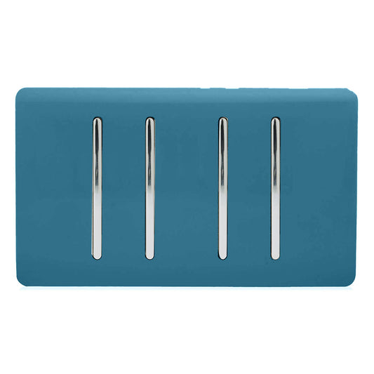 Trendi 4 Gang 2 way 240V Screwless Raised Front Twin Plate Plastic Artistic Modern Glossy 10 Amp Chrome Rocker Quad Electrical Wall Light Switch in Ocean Blue - ART-SS44OB