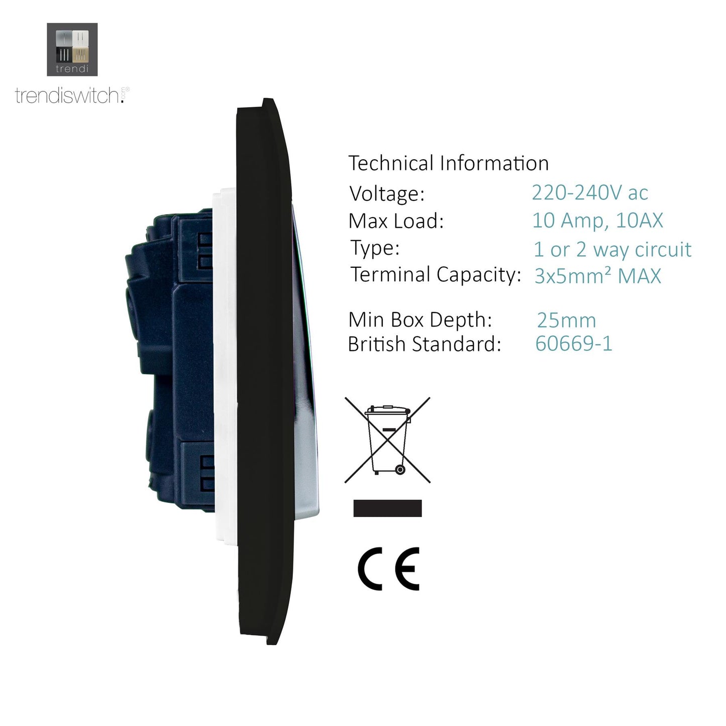 Trendi 8 Gang 2 way 240V Screwless Raised Front Twin Plate Plastic Artistic Modern Glossy 10 Amp Chrome Rocker Quad Electrical Wall Light Switch in Piano Black - ART-SS88BK