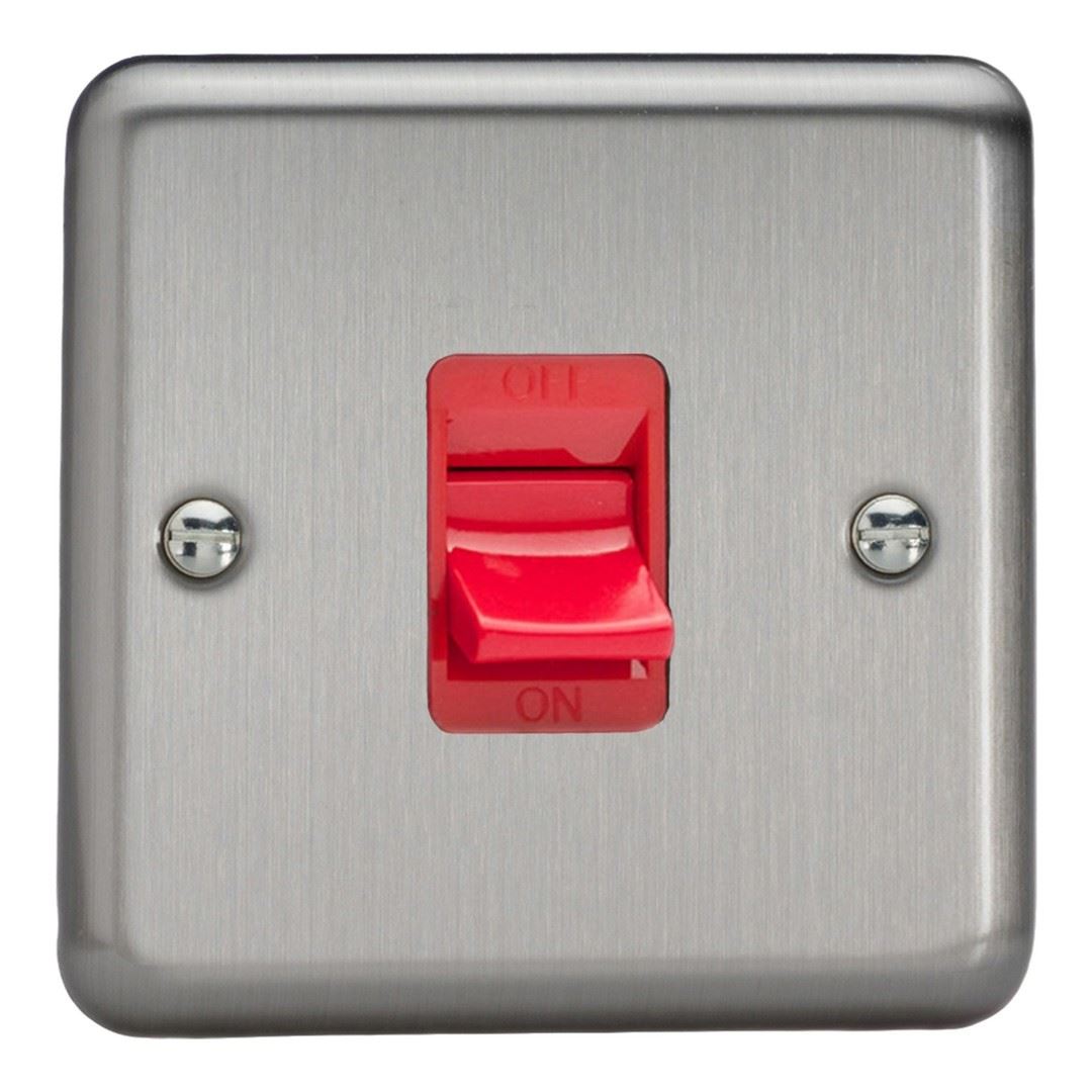 Varilight Classic Red 45A Cooker Switch (Single Plate, Red Rocker) - Matt Chrome XS45S