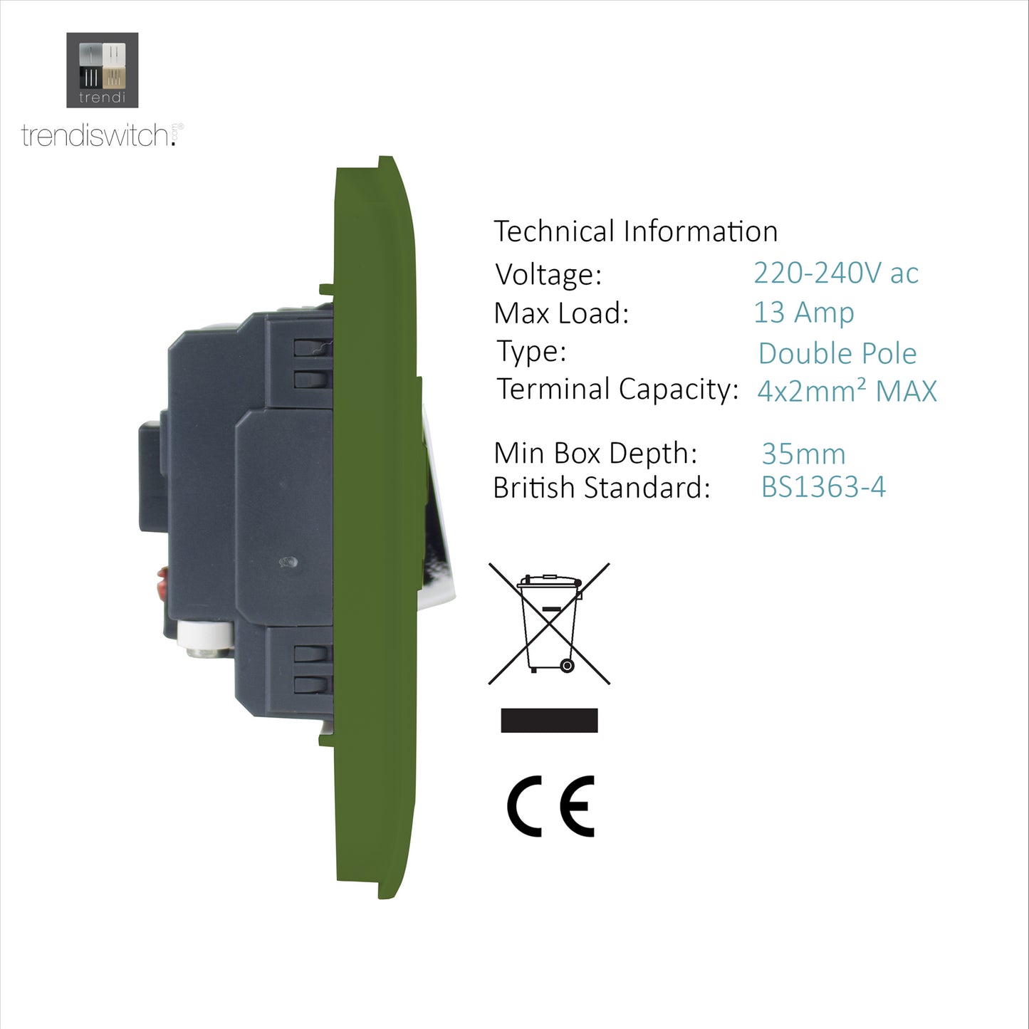Trendi Switch Screwless Artistic Modern Glossy Tactile 230V Switched 13 A Single Fused Spur Connection Unit with Flex Outlet Chrome Rocker in Moss Green