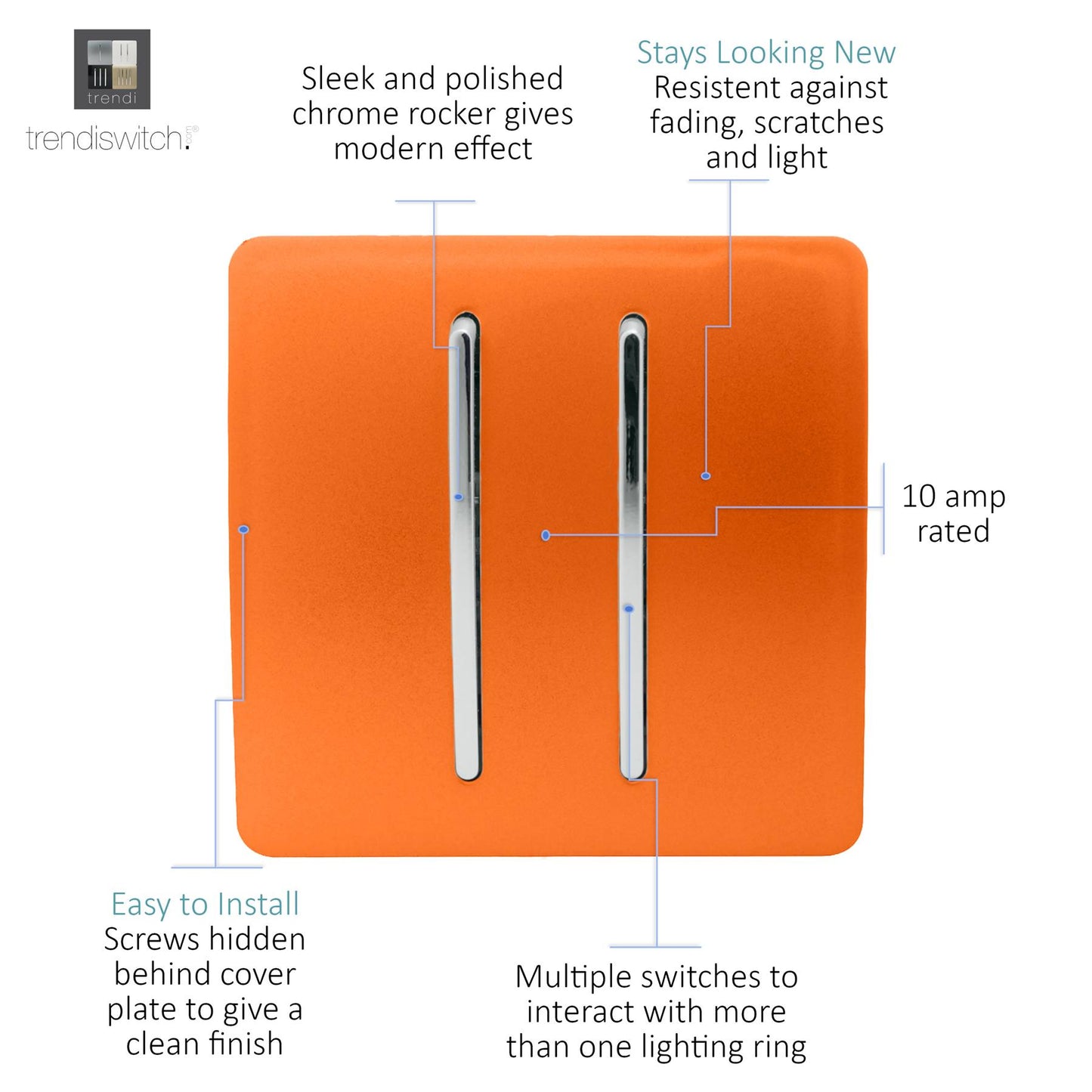 Trendi 2 Gang 2 Way 240V Screwless Raised Front Plate Plastic Artistic Modern Glossy 10 Amp Chrome Rocker Single Electrical Wall Light Switch Sunset Orange - ART-SS4OR