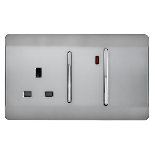 Trendi Switch Screwless Artistic Modern Decorative Glossy 45 A Cooker Switch Control Unit & Single Plug Socket Inc Neon Indicator for Indoor Use in Brushed Steel