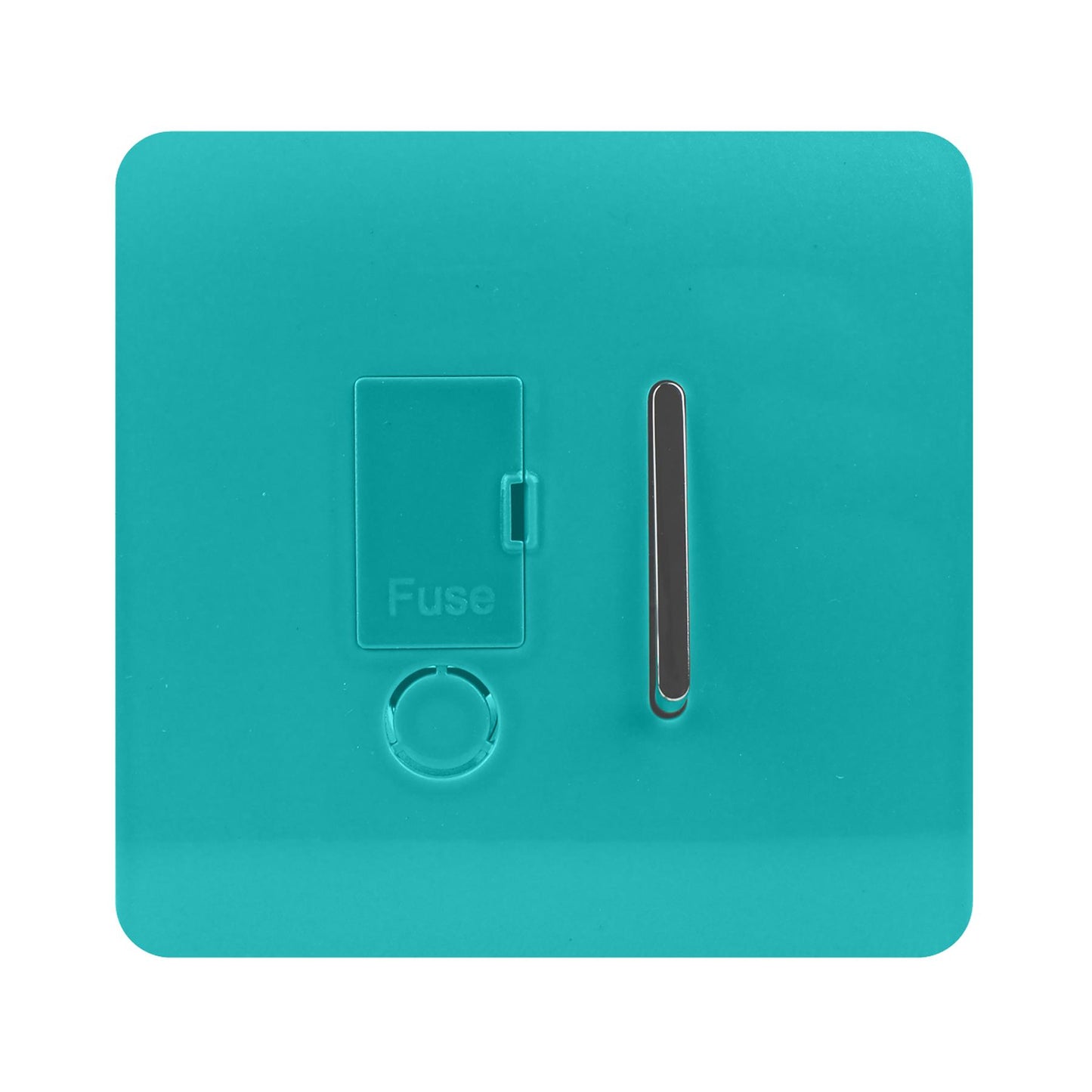 Trendi Switch Screwless Artistic Modern Glossy Tactile 230V Switched 13 A Single Fused Spur Connection Unit with Flex Outlet Chrome Rocker in Bright Teal