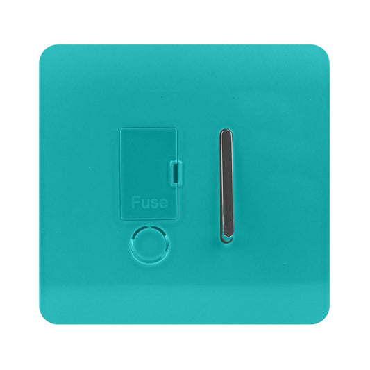 Trendi Switch Screwless Artistic Modern Glossy Tactile 230V Switched 13 A Single Fused Spur Connection Unit with Flex Outlet Chrome Rocker in Bright Teal