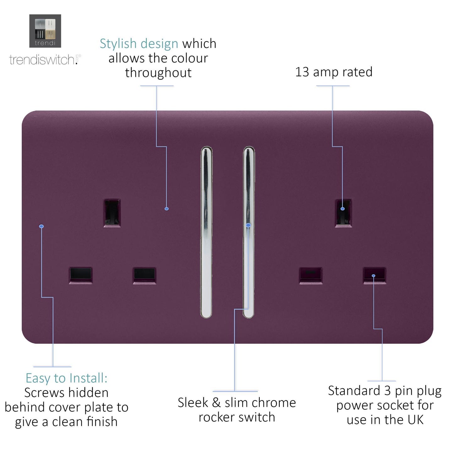 Trendi 2 Gang Artistic Modern Glossy 13 Amp Switched Tactile Plug Socket Plum