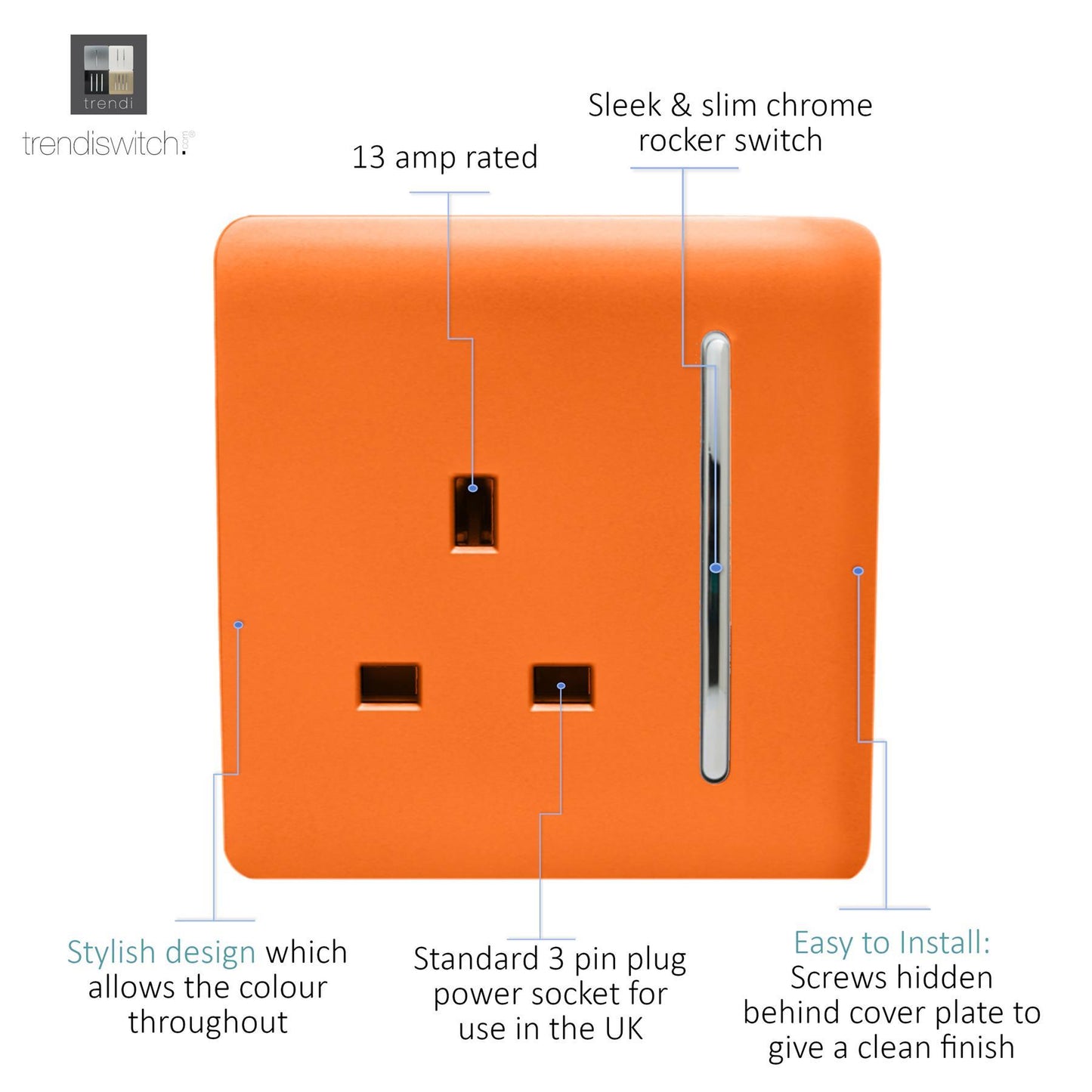 Trendi 1 Gang Artistic Modern Glossy 13 Amp Switched Tactile Plug Socket Orange