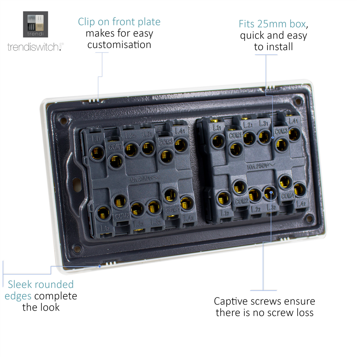 Trendi Trendi 8 Gang 2 way 240V Screwless Raised Front Twin Plate Plastic Art ...