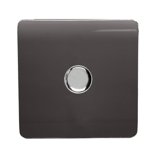 Trendi 1 Gang 2 Way 240V 150w LED Dimmer Screwless Raised Front Plate Plastic Artistic Modern Glossy 10 Amp Chrome Single Electrical Wall Light Switch in Dark Mocha Brown - ART-LDMDB