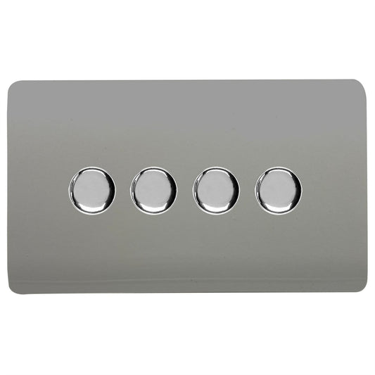 Trendi 4 Gang 2 Way 240V 100w LED Dimmer Screwless Raised Front Plate Plastic Artistic Modern Glossy 10 Amp Chrome Single Electrical Wall Light Switch in Light Grey - ART-4LDMLG