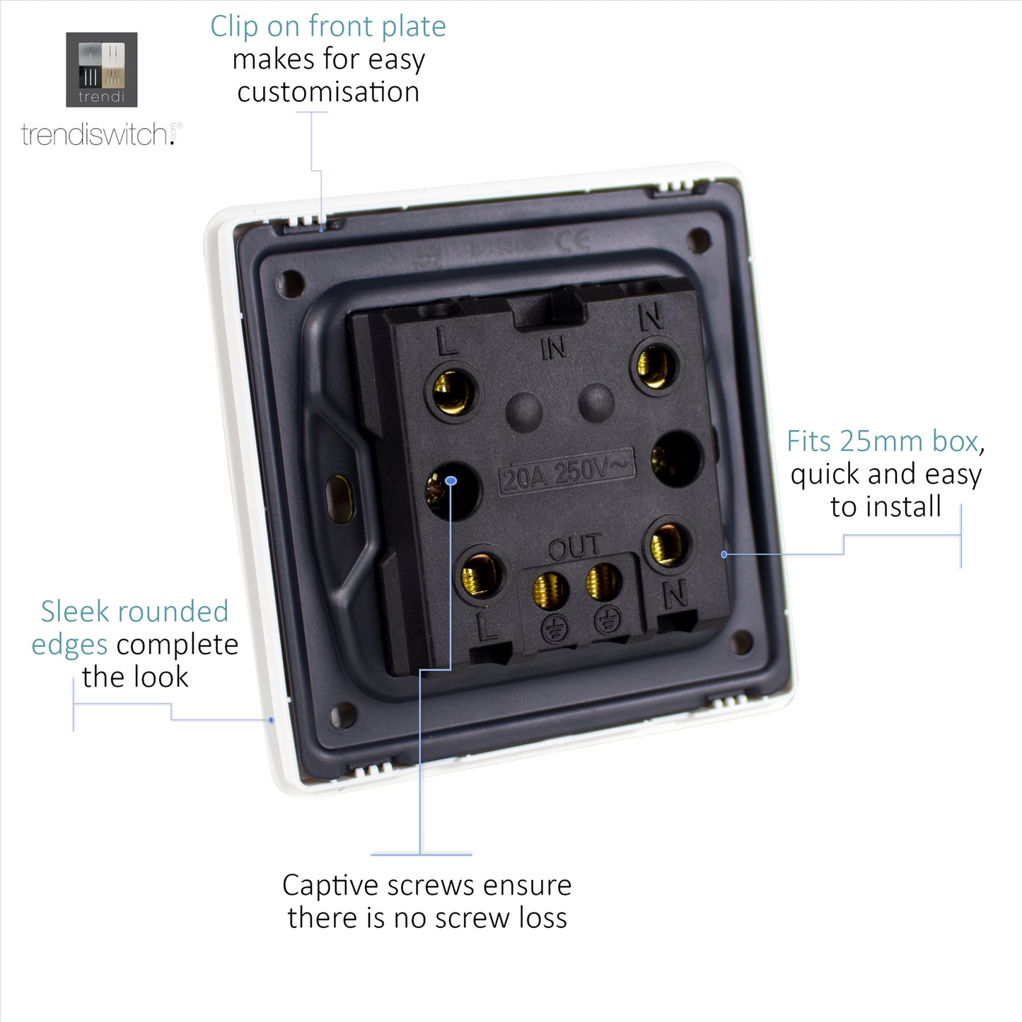 Trendi Artistic Modern Glossy 20 A Tactile Light Switch & Neon Insert Cool Grey