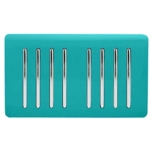 Trendi 8 Gang 2 way 240V Screwless Raised Front Twin Plate Plastic Artistic Modern Glossy 10 Amp Chrome Rocker Quad Electrical Wall Light Switch in Bright Teal - ART-SS88BT