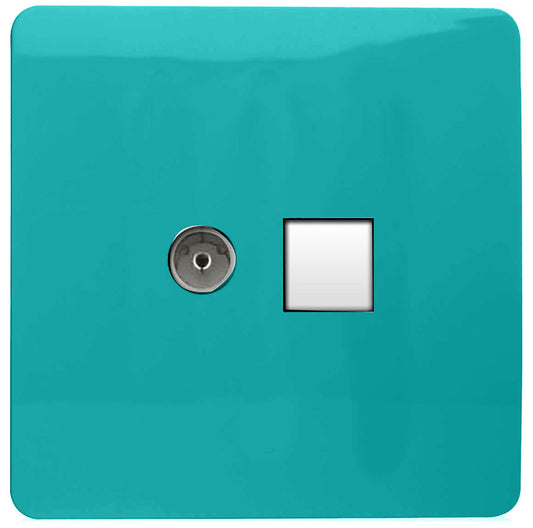 Trendi Artistic Modern Glossy Tactile TV Co-axial Socket + Telephone Socket Bright Teal