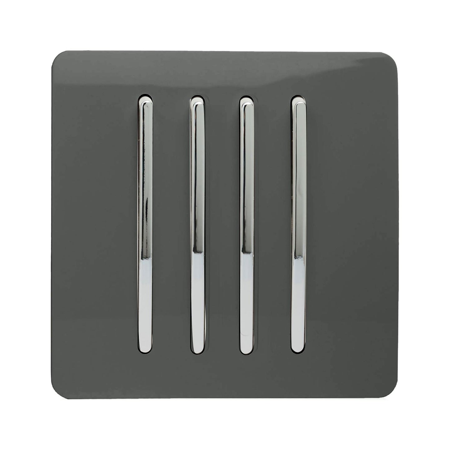 Trendi 4 Gang 2 way 240V Screwless Raised Front Plate Plastic Artistic Modern Glossy 10 Amp Chrome Rocker Quad Electrical Wall Light Switch in Charcoal Grey