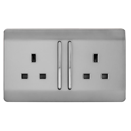 Trendi 2 Gang Artistic Modern Glossy 13 Amp Long Switched Tactile Plug Socket Stainless Steel