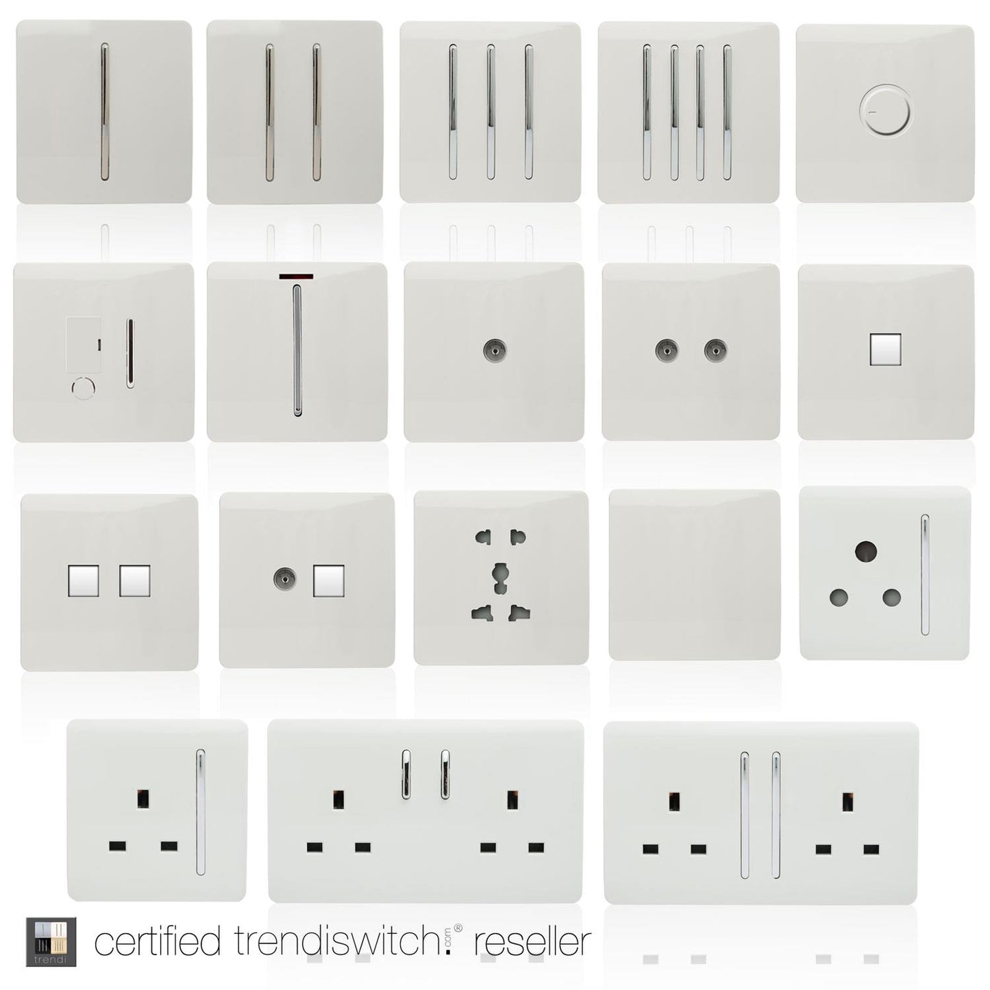 Trendi 4 Gang (2 Way & 1x Intermediate) Glossy 10 Amp Rocker Light Switch Ice White