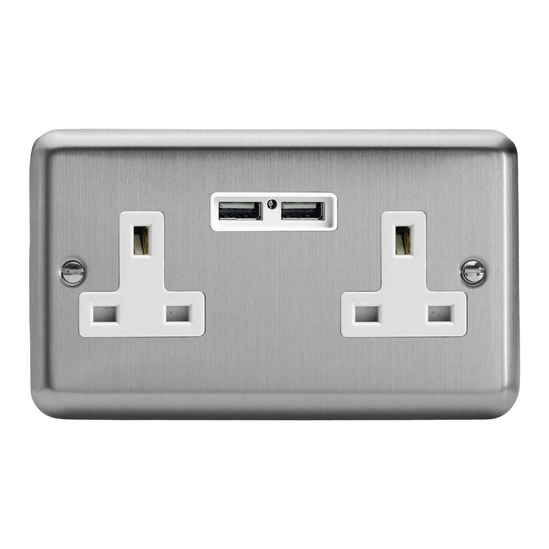 Varilight 2 Gang 13 Amp Un-Switched Electrical USB Double Plug Socket Brushed Matt Chrome with White Insert - XS5U2W