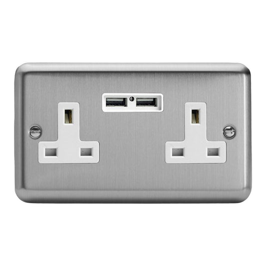Varilight 2 Gang 13 Amp Un-Switched Electrical USB Double Plug Socket Brushed Matt Chrome with White Insert - XS5U2W