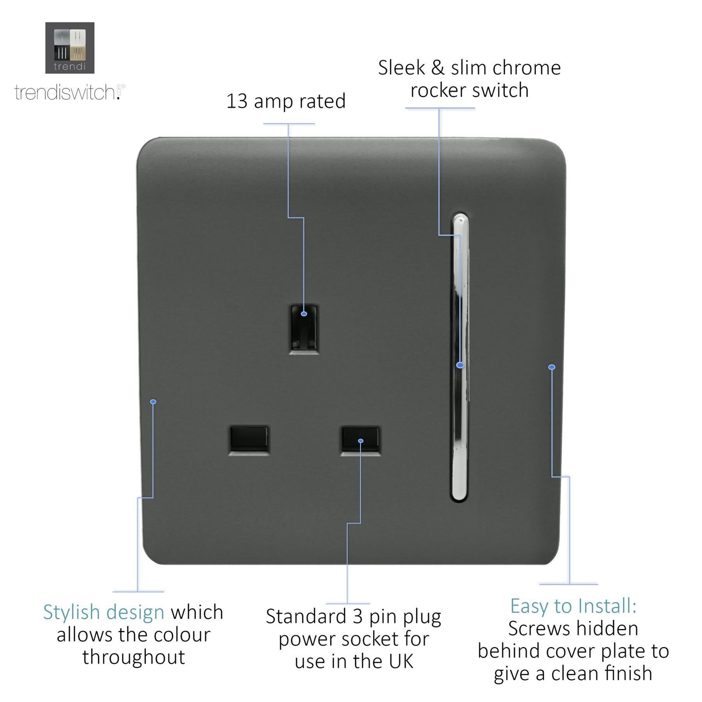 Trendi 1 Gang Artistic Modern Glossy 13 Amp Switched Tactile Plug Socket Charcoal