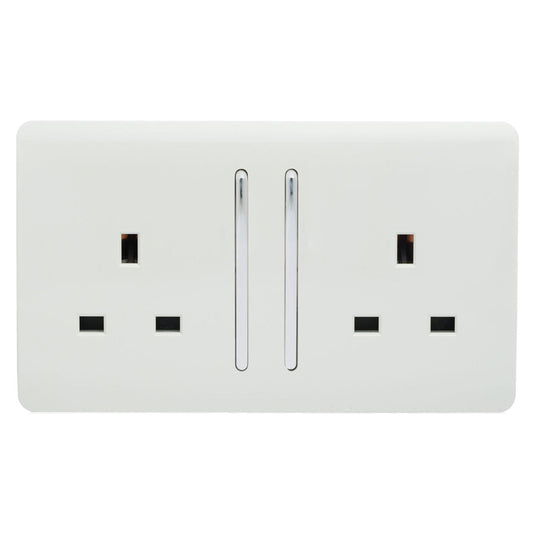 Trendi 2 Gang Raised Artistic Modern Glossy Screwless 13 Amp Single Pole with Chrome Switched UK Standard Electrical Double Wall Plug Socket in Ice White - ART-SKT213LWH