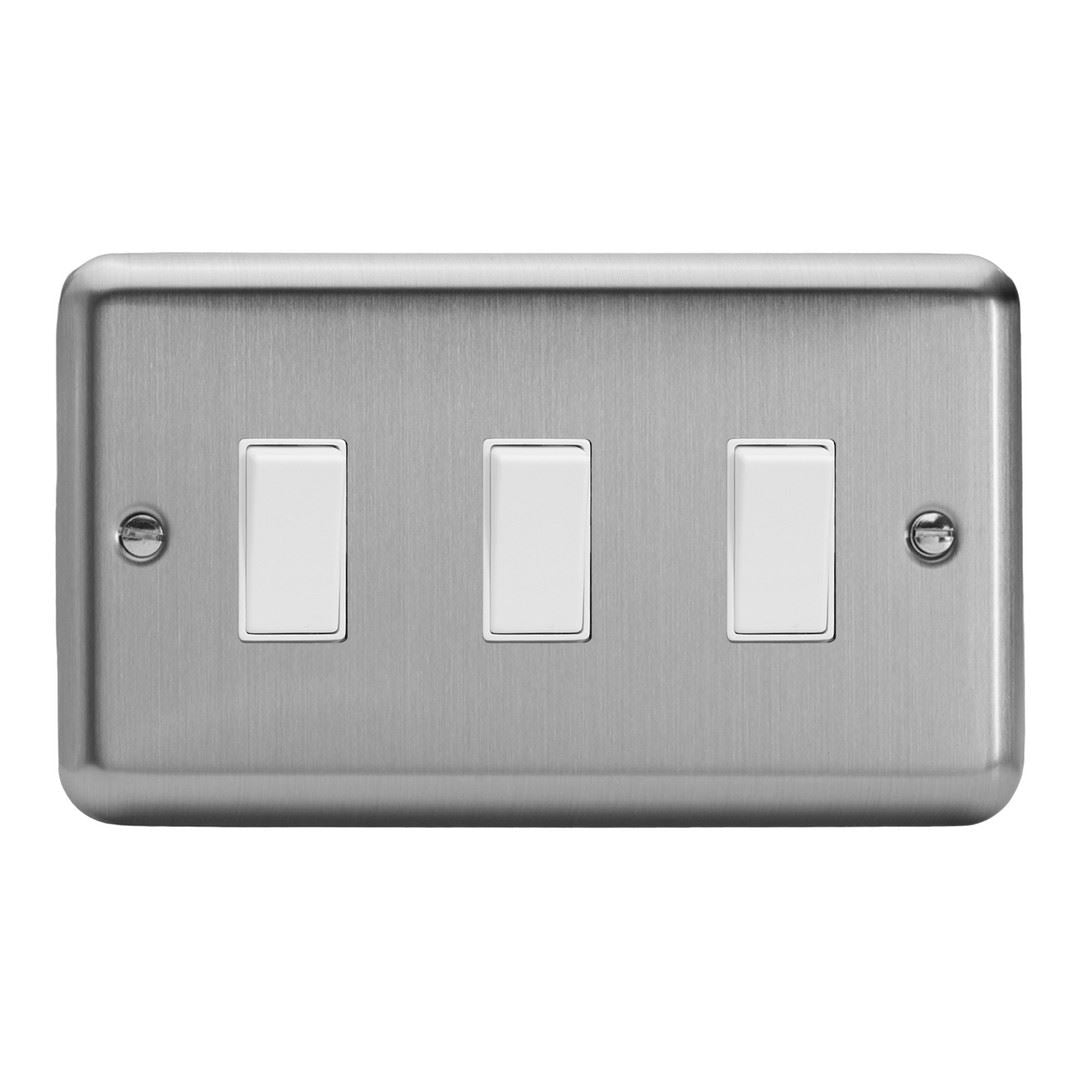 Varilight 3 Gang 1 or 2 Way 10A Rocker Light Switch (Twin Plate) Brushed Matt Chrome XS93W