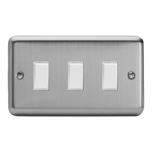 Varilight 3 Gang 1 or 2 Way 10A Rocker Light Switch (Twin Plate) Brushed Matt Chrome XS93W