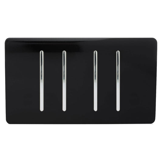 Trendi 4 Gang 2 way 240V Screwless Raised Front Twin Plate Plastic Artistic Modern Glossy 10 Amp Chrome Rocker Quad Electrical Wall Light Switch in Piano Black - ART-SS44BK